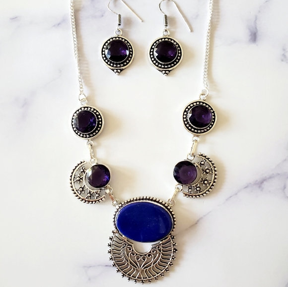 Jewelry - Lapis Amethyst Ethnic .925 Silver Necklace Set New